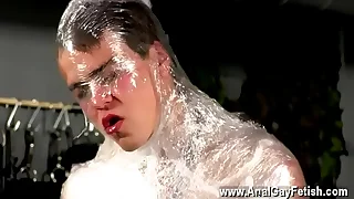 Gay fuck Cristian is almost swinging&comma; wrapped up in cablegram and